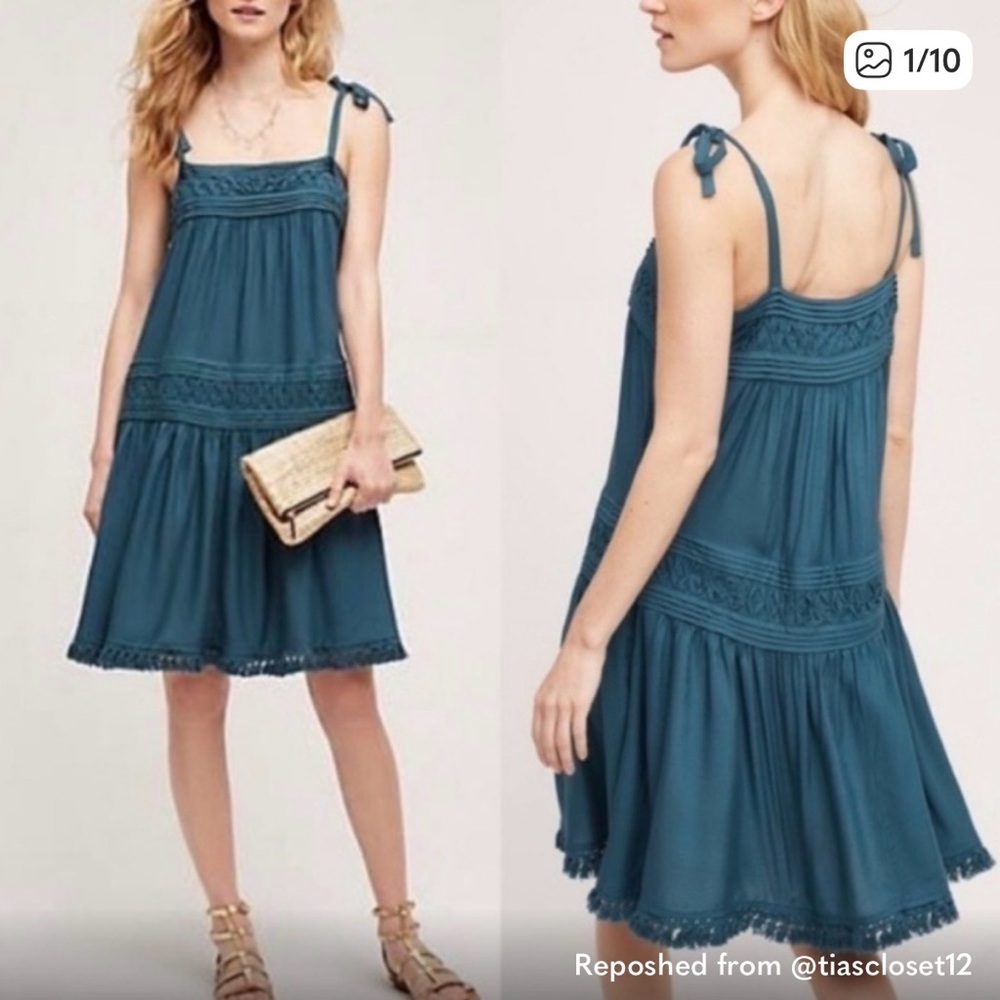 Anthropologie Floreat Teal Fringe Hem Mini Dress